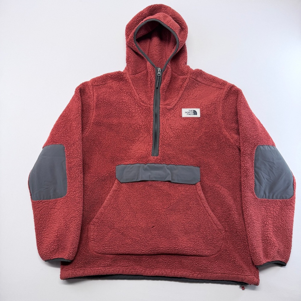 The North Face Mens Campshire Anorak Sherpa Fleece Red XL Quarter Zip Hoodie